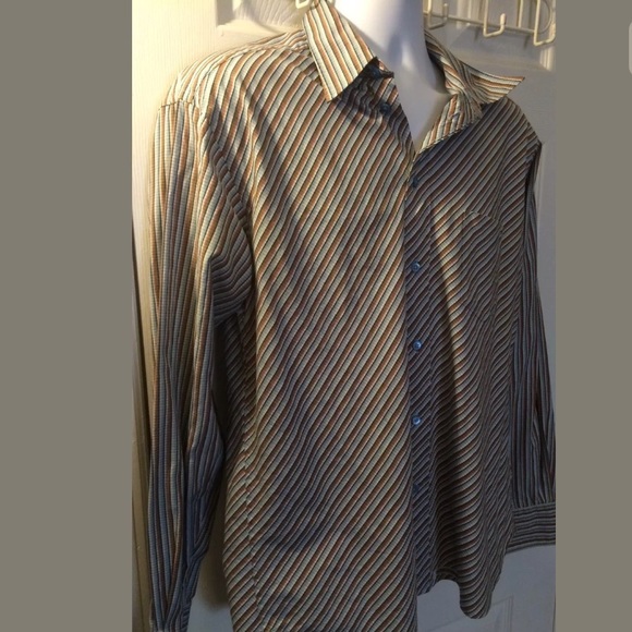 TED BAKER Plaid Striped Geo Button Down Shirt Classic Workwear Blue Brown Collar - Picture 2 of 7